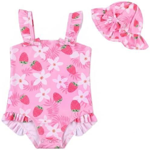 Bañador Bebé Protección Solar UPF 50+, 0-3 Añosraje De Baño Una Pieza para Niña con Gorro, Tejido Elástico Estampado Fresa & Flores, Playa y Piscina Verano Pink Strawberry-12-18M