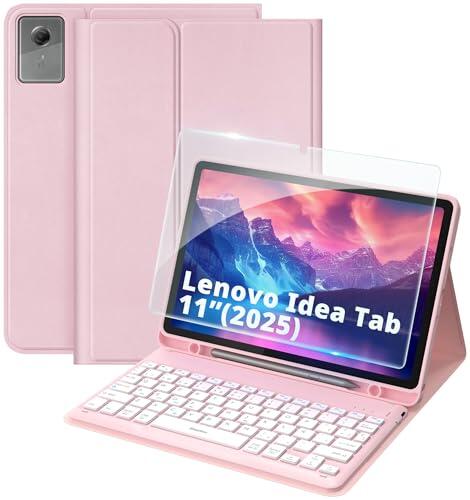 EasyAcc Funda con Teclado para Lenovo Idea Tab 11 Pulgadas Tablet 2025 (TB-336ZU/TB-336FU) con Película Protectora, Funda Protectora para Lenovo Idea Tab 11" Teclado Extraíble con Portalápices, Rosa