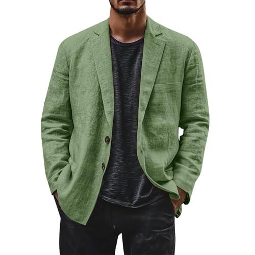 Genérico Chaqueta Lino Blazer Hombre, Americana Hombre Casual Talla Grande Manga Larga Holgados Solapa Cazadora con Botones Color Sólido Moda Cómodo Abrigo con Bolsillos para Uso Diario Verano