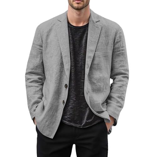 Genérico Chaqueta Lino Blazer Hombre, Americana Hombre Casual Talla Grande Manga Larga Holgados Solapa Cazadora con Botones Color Sólido Moda Cómodo Abrigo con Bolsillos para Uso Diario Verano