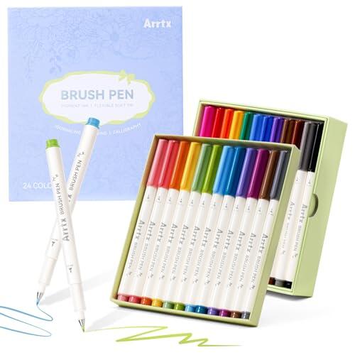 Arrtx Rotulador de punta de pincel, 24 colores, tinta a base de agua, para letras a mano, diario, caligrafía, dibujo, escritura