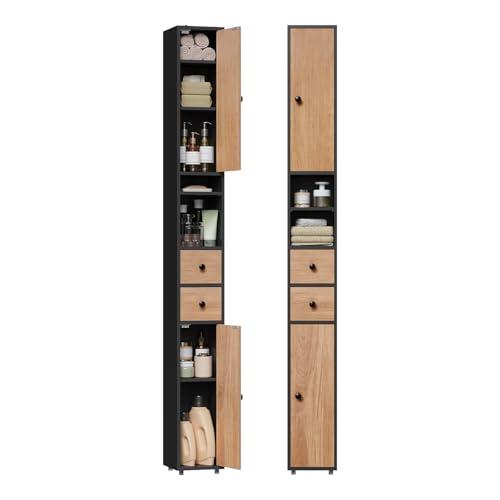 EUGAD Mueble Baño Estrecho, Armario Alto, con Estantes Regulables en Altura, 20x20x180 cm, Columna Baño Auxiliar 2 Cajones y 2 Estantes Abietos, Negro+Roble 0286WY