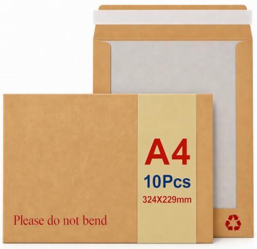 Sobres Rígidos A4 C4 10 uds No Doblar 229x324 mm STRBOXONG | Kraft marrón 120 gsm, respaldo 400 gsm y cierre peel & seal para documentos, certificados, fotos y láminas