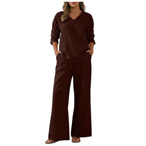 Conjunto de 2 Piezas de Lino para Mujer Verano Manga Larga Cuello en V Camisa y Pantalones Casual Corte Holgado y Transpirable para Verano Viajes Outfits de Vacaciones en la Playa