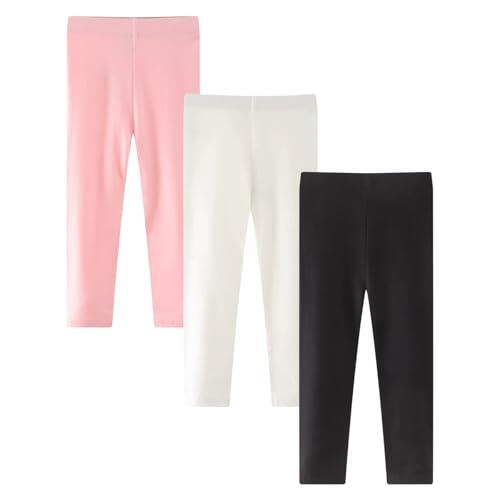 Kfnire Leggings Niña Pack de 3 Leggins Algodón de Longitud Completa Cintura Elástica Color Sólido 6 Meses a 14 Años (Negro+Blanco+Rosa)