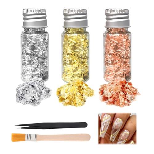 LYITZW 3 Botellas Copos de Hoja de Oro Multifuncional, Material para Manualidades, Decoración de Uñas, Funda de Teléfono Móvil, Fabricación de Joyas de Resina, Decoración no Comestible, Hojas de Oro