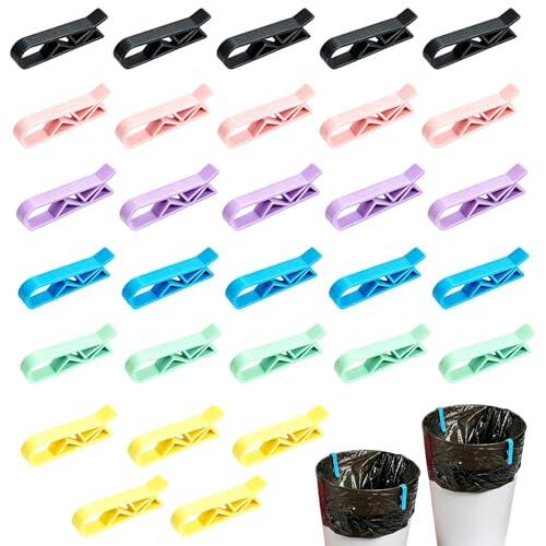 MNYXIS 30 Pinzas para Bolsas de Basura, Sujetadores de Plástico para Cubos de Basura, Clips Antideslizantes para Contenedores de Residuos, 6 Colores Variados para Cocina, Oficina y Baño