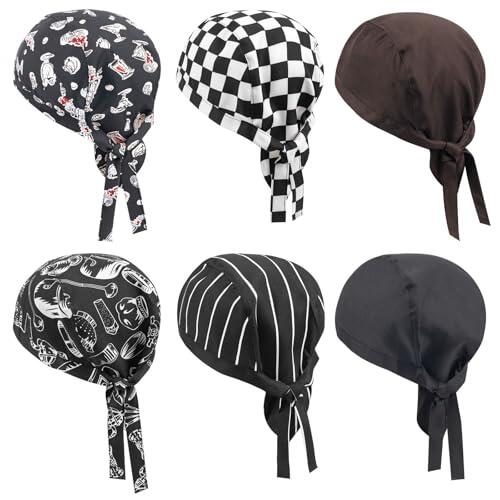 6 Piezas Gorros de Cocina Ajustables, Bandana Chef Unisex Estilo Japonés para Hombre y Mujer, Gorro Cocinero Profesional (Negro, Marrón, Rayas, Cuadros, Cubiertos) para Restaurante