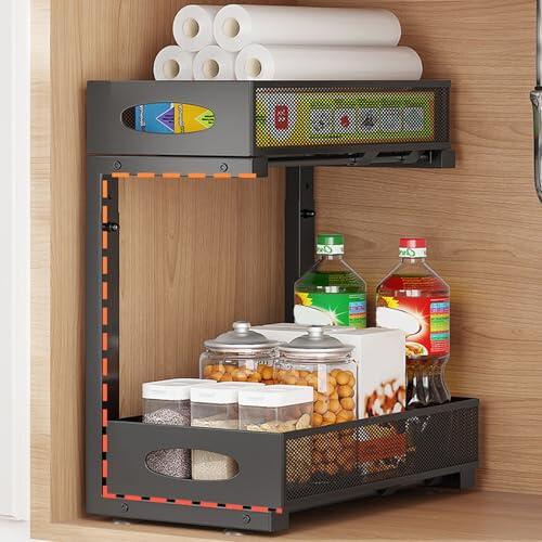 ShkitAelling Organizador extensible de 2 niveles para armario de cocina, armario con ajuste de altura de 3 niveles, soporta hasta 30 kg, para cocina, baño y despensa