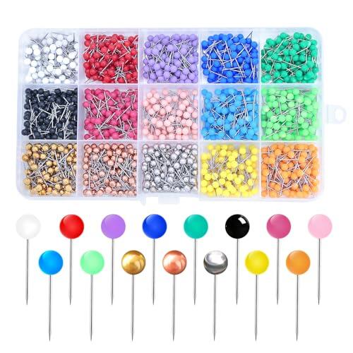 1500 Pcs Chinchetas para Corcho, Chinchetas Redondas de Colores para Mapas, tableros de Corcho, tablones de anuncios, Paredes, Marcado de Telas, Oficina en casa (15 Colores)