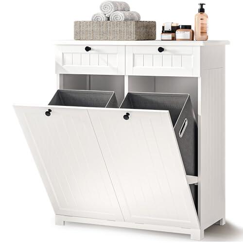 Xbro Armario Ropa Sucia, Armario de Baño con 2 Cestos pxara Ropa, 2 Cajón y Bolsa para Ropa Sucia Extraíble, Blanco (78 x 38 x 90 cm)