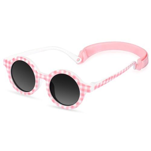 BTHRORO Gafas de Sol Bebe con Correa Ajustable, Gafas de Sol Polarizadas con Protección UV Montura Redonda de Silicona Flexible para Bebés de 0 a 36 Meses