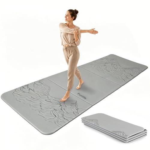 FunLife Esterilla de yoga plegable de 10 mm – Esterilla de fitness extra gruesa para yoga, pilates y gimnasia, antideslizante, ahorra espacio, plegable, para interior y exterior, gris plata, negro