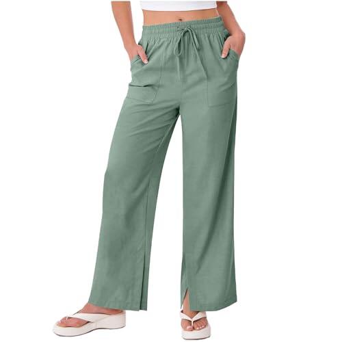 riou Pantalones Mujer Verano 2026 Tallas Grandes Moda Algodon Y Lino Cintura Alta Pierna Recta Pantalones Ligero Transpirable Pantalón Flojo para Yoga Jogging Fitness