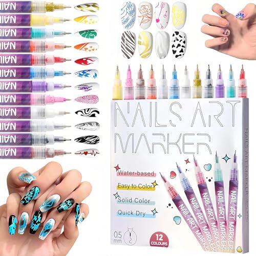 KLINNA Juego de 12 lápices para arte de uñas, 0,5 mm, marcadores de uñas de gel, resistentes al agua, secado rápido, lápiz de diseño de uñas, manicura DIY, líneas de graffiti
