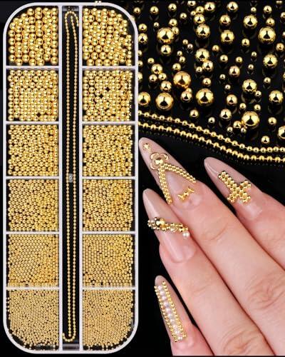 TBCDS 1 caja Perlas Caviar Metálicas Doradas para Uñas, 12 Compartimentos 0.6-2.0mm + Cadenas Oro, Set 3D Nail Art DIY & Profesional, tamaños surtidos