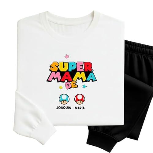 Transparent Gift Pijama Super Mamá con Nombres Personalizados. Regalos Originales para Madres, Mujeres, Pareja. Regalo Original y Divertido Dia de la Madre. Ropa de Dormir.