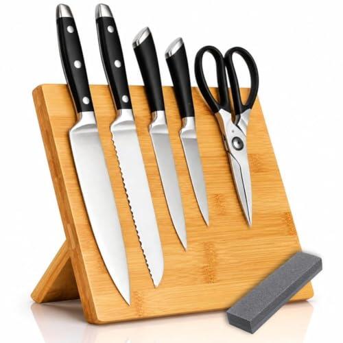Bloque Magnético para Cuchillos de Bambú con Piedra de Afilar | Soporte Magnético para Cuchillos de Cocina | Organizador de Cuchillos Profesional Antideslizante