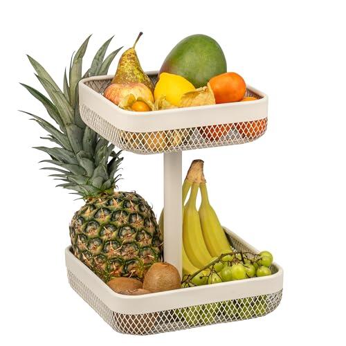 eluno Cesta cuadrada de 2 niveles para frutas y pan, 20 x 20 cm y 25 x 25 cm, para almacenamiento de frutas, verduras, pan, especias y aperitivos en la cocina y el salón, color beige