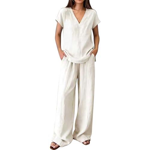 Conjunto de dos piezas de lino de algodón para mujer, blusa de manga corta con cuello en V y pantalones de cintura alta y pierna ancha, trajes de verano holgados y transpirables de ajuste casual