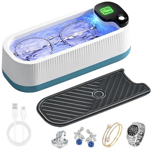 Limpiador ultrasónico de 300 ml, limpiador portátil para gafas con pantalla LED, limpiador ultrasónico con 3 modos de limpieza, para gafas, aparatos dentales, relojes, anillos y collares, blanco