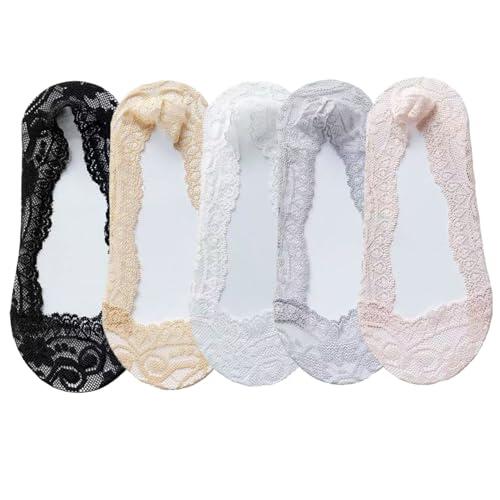 Vistnale Calcetines invisibles finos, 5 pares de calcetines invisibles de encaje para mujer, corte bajo invisible con agarre en el talón de 360°, ribete de encaje ligero para mujer, color mezclado