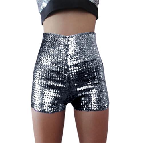 Generisch Traje de concierto de diamantes de imitación brillantes para mujer, pantalones cortos de talle alto, sexy disfraz de escenario, plata, M