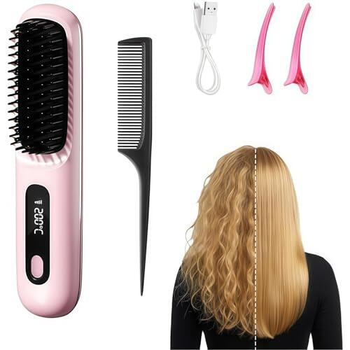Clinora Hair Styling Brush for Short Hair Cepillo Alisador Portátil con Cerdas Cerámicas 3PX para Contornos Definidos en Viaje y Hogar (Rosa)