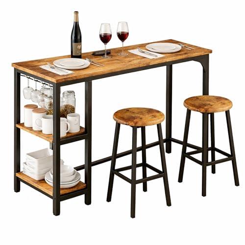 Blishom Juego de Mesa de Bar de 3 Piezas con 2 Taburetes, Mesa de Bar de Cocina con 2 Estantes y Portavasos, Mesa de Bar Multiusos para Sala de Estar y Comedor (Retro)