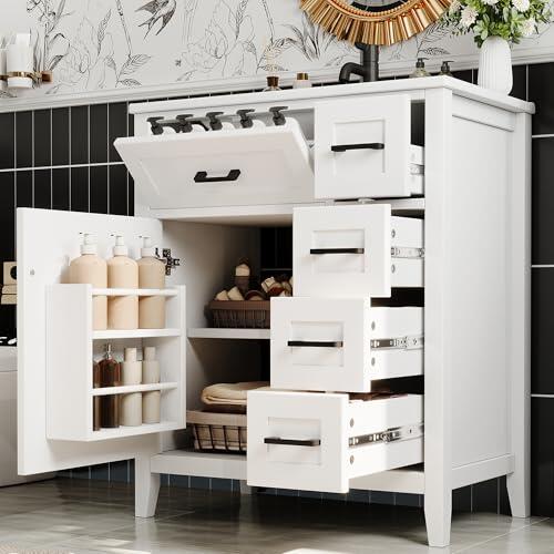 Terahanda 76 x 46 x 90 cm tocador de baño independiente, superficie lacada, cuatro cajones silenciosos, cajones plegables, estantes para puertas de armario, tiradores negros, lavabo de cerámica