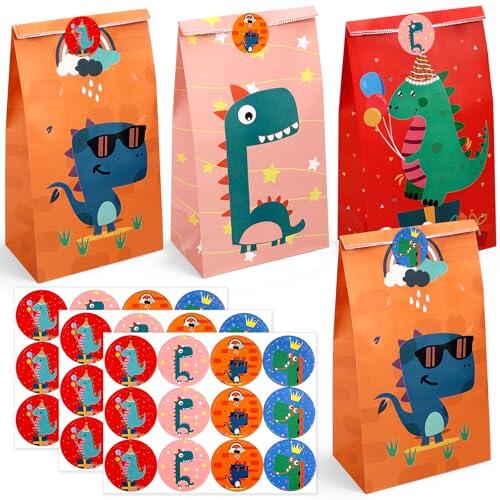 DESPOINA 24 Bolsas de Papel con Diseño Dinosaurios y 36 Pegatinas, Bolsas Cumpleaños Infantil, Bolsitas Cumpleaños Infantiles, Bolsas Regalo Cumpleaños Infantil, Embalaje de Regalos, 24x13x8 cm (A)