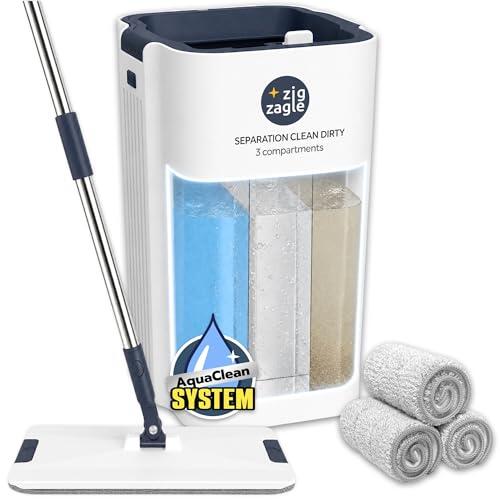 ZIG ZAGLE - Juego de Fregona Plana y Cubo, Pure Water System, Separación Agua Limpia/Sucia: Ultra Higiénico, Limpieza Fácil, Compacto, Mopa Microfibra, Autolimpiable, Cubo Escurridor
