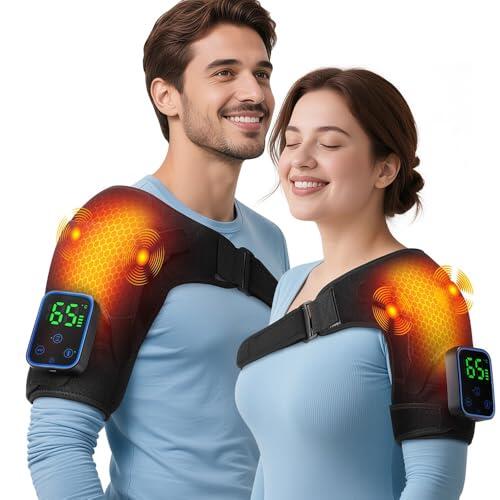 Control de aplicación para hombros, 6 niveles de calor y 3 modos de masaje de hombros, almohadilla de masaje de hombros inalámbrica, con batería de 5000 mAh y panel táctil LED, para hombres y mujeres