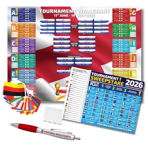 Football Wallcharts Paquete de gráficos de pared de la Copa del Mundo 2026 – Rastreador de torneos estilo Inglaterra de tamaño A1 con banderas, sorteo, bolígrafo y kit para colgar (23.4 x 33.1