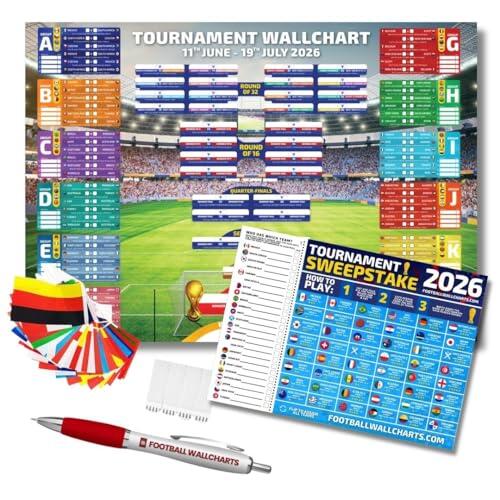 Football Wallcharts Paquete de gráficos de pared de la Copa del Mundo 2026 – Rastreador de torneos estilo estadio de tamaño A1 con banderas, sorteo, bolígrafo y kit para colgar (23.4 x 33.1 pulgadas)