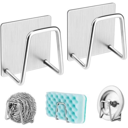 Porta Estropajos Fregadero de Acero Inoxidable (Pack de 2), Soporte Estropajo Fregadero Autoadhesivo Sin Taladro, Organizador Fregadero Cocina Compacto para Esponjas y Accesorios, 45mm Plata