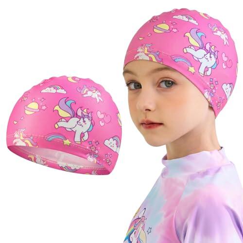 Gorro Piscina Niña y Bebé de Poliamida, Gorro Natación Infantil con Diseño de Caballo Arcoíris, Gorro de Baño Elástico y Cómodo para Clases de Natación y Playa, Suave y Transpirable