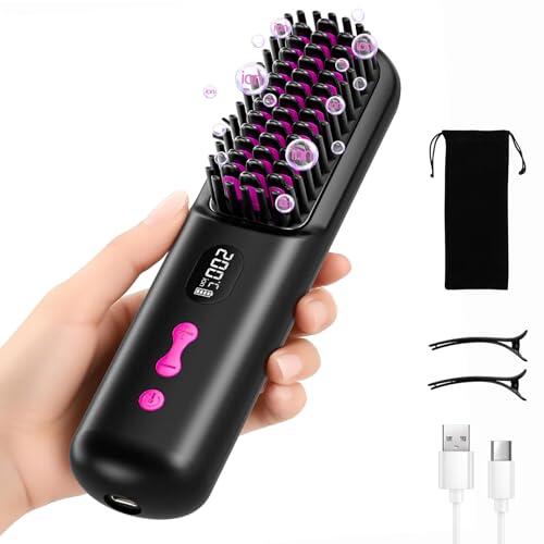 Cepillo alisador de pelo inalámbrico, portátil, para viajes, con iones negativos, 9600 mAh, recargable por USB, con peine caliente para mujer (Negro)