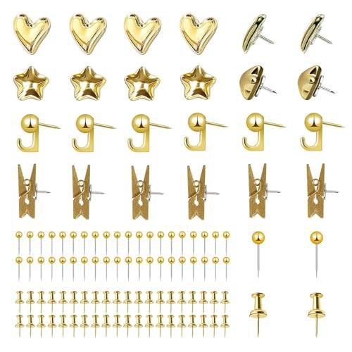 Jafaharug 100er Set Goldene Reißzwecken – Dekorative Pinnadeln mit Haken & Klammer, 6 Verschiedene Designs für Pinnwand, Büro & Zuhause (Harz + Edelstahl)