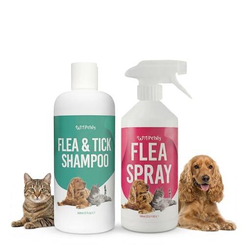 Pack de Cuidado Integral contra Pulgas – Spray Antipulgas para el Hogar + Champú Antipulgas y Garrapatas para Perros y Gatos – 2 x 500ml – Spray Multisuperficie Antimanchas y Cuidado Delicado del Pela