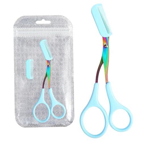 Tijeras para cejas con peine, tijeras para cejas con peine, recortadora y kit de aseo de acero inoxidable, pelo facial de precisión con mango antideslizante y funda protectora, color azul