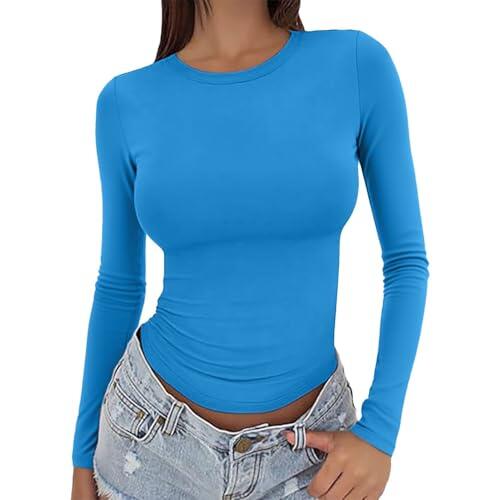 Camiseta de manga larga ajustada para mujer, camiseta básica de cuello redondo para deportes al aire libre, yoga, correr y uso casual, camiseta deportiva que absorbe la humedad, Bu2., L