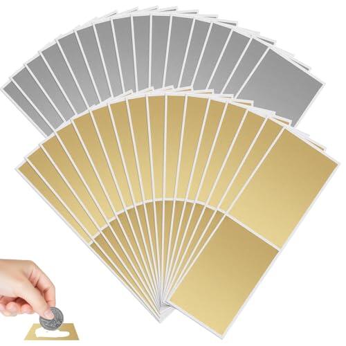 100 Unidades Pegatinas Rasca y Gana, Pegatina para Rascar, Etiquetas para Rascar de 50 x 70 MM, Pegatina Rasca y Gana para Cupones DIY, Pegatinas Sorpresa para Cumpleaños y Bodas (Plateadas + Doradas)