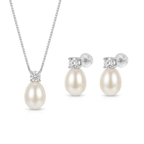 Bijou d'Amour Plata S925 Set de Collar y Pendientes con Perlas Naturales – Circonitas Brillantes – Joyería Elegante para Mujer – Regalo para Bodas, Aniversario, San Valentín y Día de la Madre