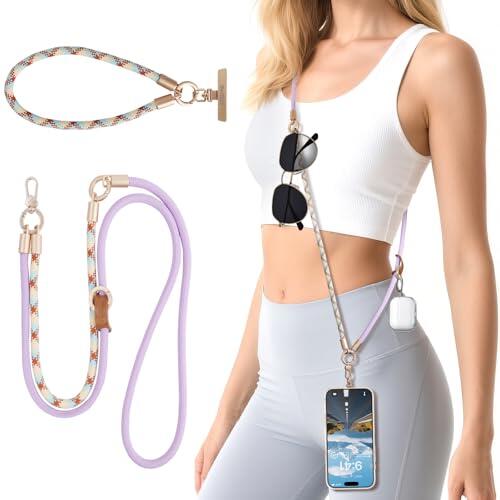memumi 3 en 1 con Rotación 360° Cordón para Teléfono Móvil, Antirrobo Crossbody para Cuello o Muñeca Correa, Anticaída Segura Material Tejido Ideal para Ciclismo y Viajes Morado lavanda