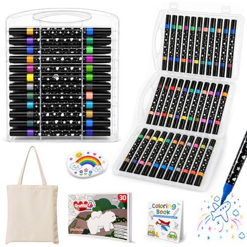 Zaztytoy Rotuladores Acrílicos Glitter de Doble Punta, 36 Piezas con 72 Colores, Set para Dibujar, Manualidades y DIY, con 2 Libros, Piedra para Pintar y Bolsa de Tela, para Escuela y Arte