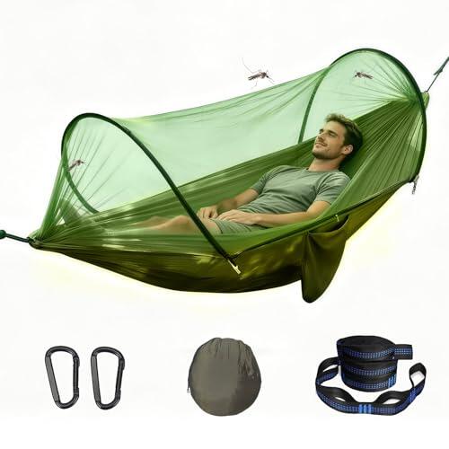 SilverChry Hamaca de Camping con Mosquitero,300 kg, 260x140 cm, Hamaca con Mosquitera, Hamaca Colgante Ultraligera en Tela Paracaídas 2 Personas, Ideal para Camping,Jardín,Senderismo (Verde Militar)