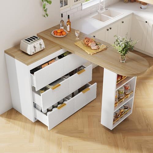 Ktipm Mesa de Bar Extensible Gira 360° con 2 Ruedas y 6 Cajones, Barra Cocina Isla Cocina con Compartimento Lateral y Dispositivo Antivuelco para Salón y Comedor, 128-203x39x90 cm, Blanco