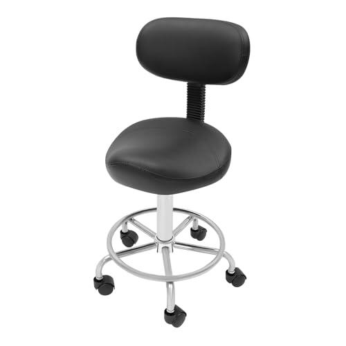 Taburete de elevación con respaldo 45-59Cm 150Kg Carga 5 Ruedas Giratorias 360°, Asiento Ergonómico Ajustable Negro PU Acero Para Peluquería Estética Oficina Médica Suelo Duro Madera Azulejo