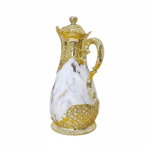predolo Jarra Térmica Estilo Árabe Mantiene la Temperatura Termo Árabe Dorado Jarra de Agua Caliente de Lujo para Hogar, Fiestas, Mármol Blanco+Dorado, 800ML